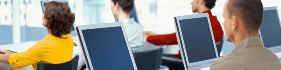 Employees using computers in an office