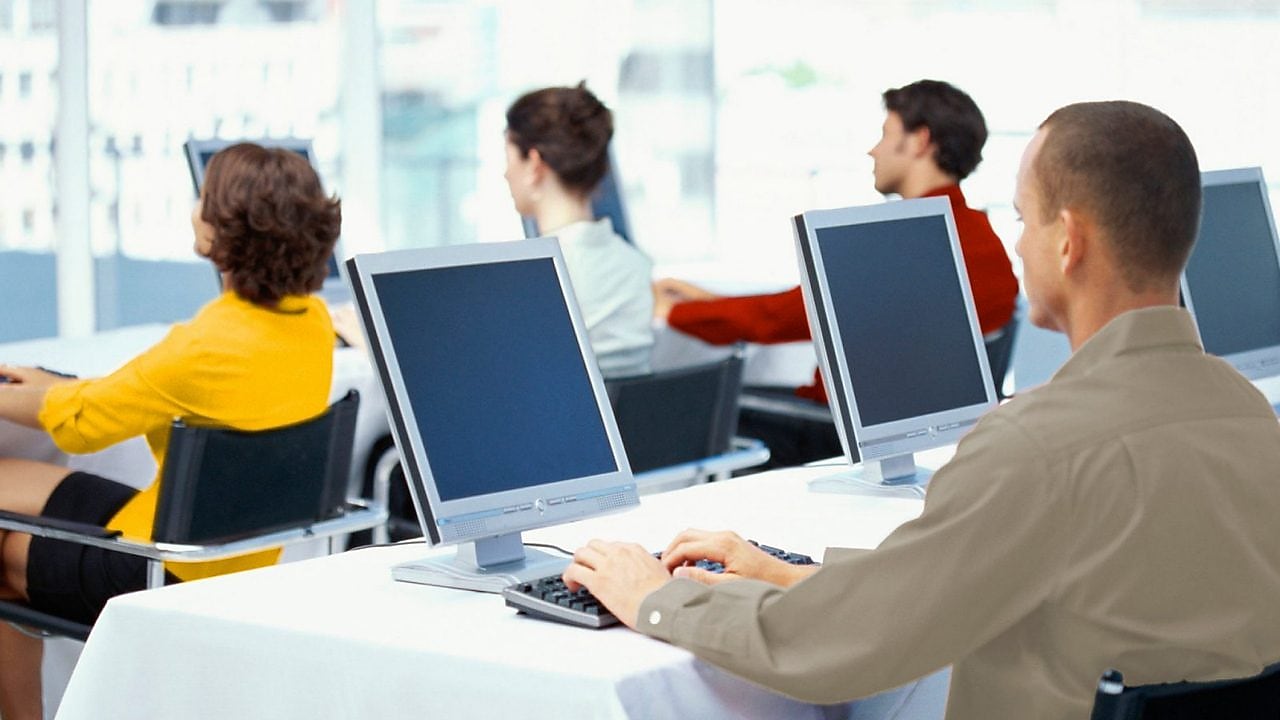 Employees using computers in an office