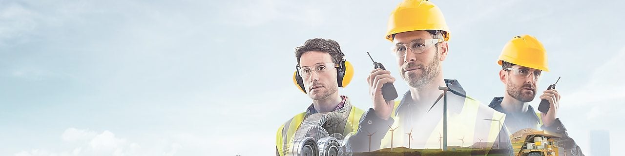  three workers on radios and reading documents, transposed over a background of blue sky with light clouds