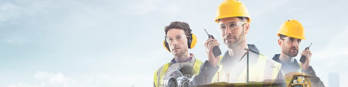  three workers on radios and reading documents, transposed over a background of blue sky with light clouds